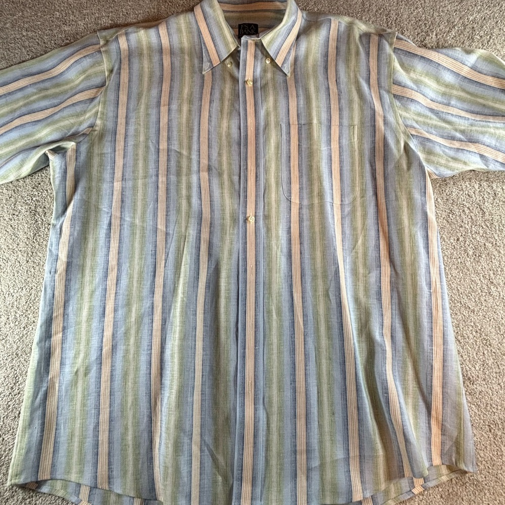 Jos A Bank Linen Mens XL Shirt Button Up Blue Stripe Breathable Subtle Vacation